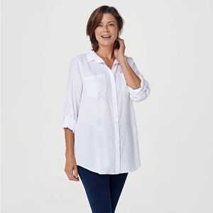 Side Stitch Los Angeles Button Front White Tunic with Roll Tab Sleeve Size XS